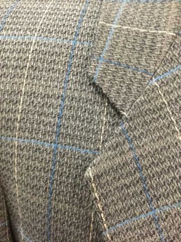 BOBBY YOSTEN, Gray, Black, Wool, Plaid-  Windowpane, with Blue/Light Blue/Cream Windowpane Stripes, Single Breasted, Notched Lapel, 2 Buttons,  3 Pockets, Black Lining,