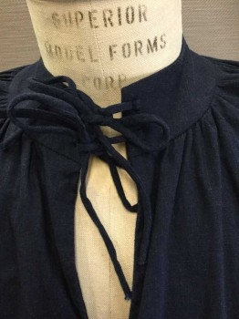Mens, Historical Fiction Shirt, N/L, Navy Blue, Cotton, Solid, Long Sleeves, Stand Collar W/Self Ties, Puff Sleeves, Ruffles At Cuffs