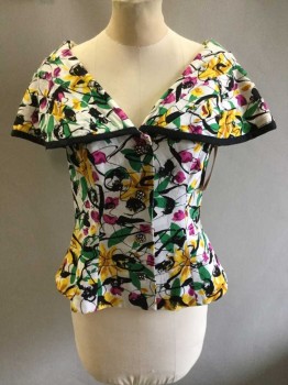 Rimini, White, Black, Fuchsia Pink, Yellow, Green, Cotton, Floral, Abstract , Wide V, Pleated Over The Shoulder Panel, Black Trim, Black Buttons With White Rhinestones, Button Front