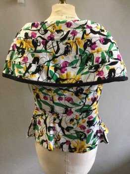 Womens, Top, Rimini, White, Black, Fuchsia Pink, Yellow, Green, Cotton, Floral, Abstract , 30, 36, Wide V, Pleated Over The Shoulder Panel, Black Trim, Black Buttons With White Rhinestones, Button Front