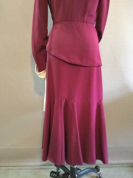 Womens, Dress, Mto, Red Burgundy, Cream, Silk, Color Blocking, W 24, B 34, V-neck, Long Sleeves with Contrasting Asymmetrical Cuffs, Kerchief and Sash Detail. Heavy, Drapy Silk, Asymmetrical Peplum and Interesting Godets At Hem, Side Zip, 1930s