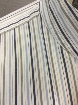 Mens, Dress Shirt, N/L, White, Lt Blue, Multi-color, Cotton, Stripes - Pin, Slv:35, N:15.5, White with Light Blue, Gray and Charcoal Pin Stripes of Assorted Widths, B.F., L/S, Band Collar, No Pocket, Short French Cuffs,  with Matching Detached Collar, MULTIPLES