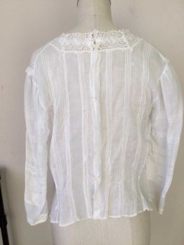 N/L, White, Cotton, Solid, Floral, Cotton Batiste with Floral Lace Inlay. Square Neckline, 3/4 Sleeves, Tuck Pleat Detail, Hidden Button Placket at Center Back. Some Stains at Neckline Front Right ( Needs Washing). Repairs Done at Center Back, and Evidence of Previous Stitching,