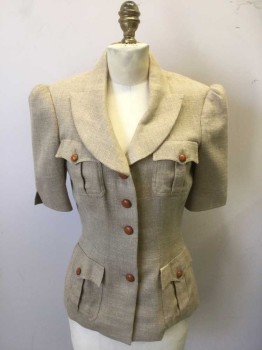 Womens, Blazer, N/L, Beige, Brown, Linen, Cotton, Solid, W:27, B:34, Chunky/Textured Weave Linen/Cotton, Short Sleeves, Puffy Padded Shoulders, Notched Collar, 4 Brown Leather Buttons, 4 Flap Pockets with Brown Button Closures, Beige Silk Lining, Made To Order Reproduction