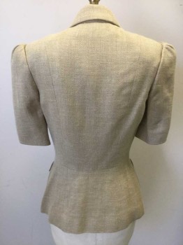 Womens, Blazer, N/L, Beige, Brown, Linen, Cotton, Solid, W:27, B:34, Chunky/Textured Weave Linen/Cotton, Short Sleeves, Puffy Padded Shoulders, Notched Collar, 4 Brown Leather Buttons, 4 Flap Pockets with Brown Button Closures, Beige Silk Lining, Made To Order Reproduction
