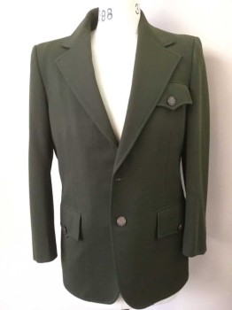 WORLD SPORTSMAN, Dk Olive Grn, Polyester, Herringbone, Single Breasted, Collar Attached, Notched Lapel, 3 Flap Pockets, 2 Buttons, Name Brand on Buttons
