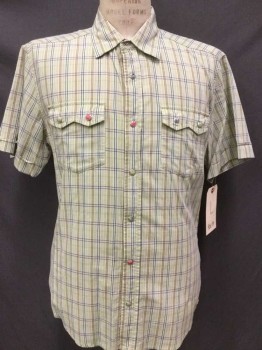 Mens, Western, E89, Mint Green, Navy Blue, Brown, Cotton, Plaid, L, Short Sleeve, Mismatched Pearl Snap Front and on 2 Flap Pockets, Pegasus Applique on Center Back,