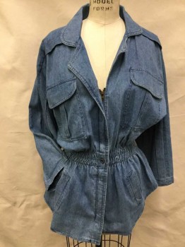 PG COLLECTIONS, Lt Blue, Cotton, Heathered, Light Blue Denim, Collar Attached, Notched Lapel, Flap on Shoulder and Long Sleeves, 2 Pockets W/flap, Zip Front & 1 Button Front @ Center Front Waist,2" Cinch Elastic Waist, 2 Slant Pockets Bottom
