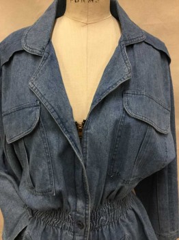 PG COLLECTIONS, Lt Blue, Cotton, Heathered, Light Blue Denim, Collar Attached, Notched Lapel, Flap on Shoulder and Long Sleeves, 2 Pockets W/flap, Zip Front & 1 Button Front @ Center Front Waist,2" Cinch Elastic Waist, 2 Slant Pockets Bottom