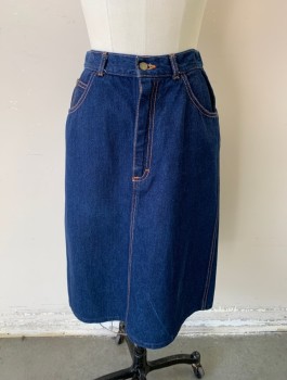 GITANO, Denim Blue, Cotton, Solid, Jean Pencil Skirt, Orange Top Stitching, Zip Fly, 5 Pockets, Knee Length