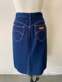 GITANO, Denim Blue, Cotton, Solid, Jean Pencil Skirt, Orange Top Stitching, Zip Fly, 5 Pockets, Knee Length