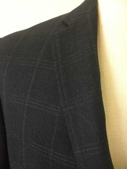 Mens, Sportcoat/Blazer, N/L, Black, Gray, Wool, Plaid-  Windowpane, Herringbone, 46T, Single Breasted, Collar Attached, Notched Lapel, 2 Buttons,  3 Pockets