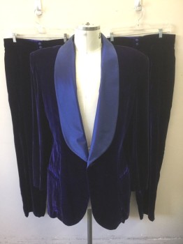 Mens, 1980s Vintage, Formal Jacket, DROP DEAD COLLECTION, Dk Blue, Royal Blue, Polyester, Solid, 42L, Velvet With Taffeta Oversized Shawl Lapel, 1 Button, 3 Pockets, Shoulder Pads, Lining is Royal Blue with Gold Celestial Moon and Stars Pattern, 2 Pairs Of Pants
