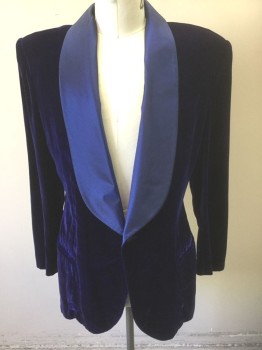 Mens, 1980s Vintage, Formal Jacket, DROP DEAD COLLECTION, Dk Blue, Royal Blue, Polyester, Solid, 42L, Velvet With Taffeta Oversized Shawl Lapel, 1 Button, 3 Pockets, Shoulder Pads, Lining is Royal Blue with Gold Celestial Moon and Stars Pattern, 2 Pairs Of Pants