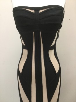 HERVE LEGER, Black, Beige, Synthetic, Solid, Black & Beige Fitted Panels in Bold Abstract Shapes. Strapless. Kick Flare at Knee Length