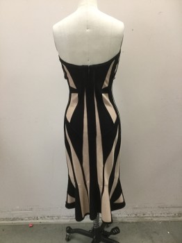 HERVE LEGER, Black, Beige, Synthetic, Solid, Black & Beige Fitted Panels in Bold Abstract Shapes. Strapless. Kick Flare at Knee Length