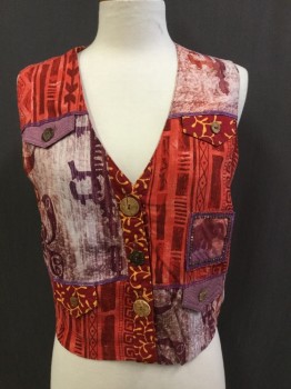 Womens, Vest, SURYA, Red, Maroon Red, Purple, White, Mustard Yellow, Rayon, Batik, Patchwork, M, V-neck, Button Front 3 Mismatched Wooden Buttons, Cropped, 4 Faux Pocket Flaps, Beading and Applique,