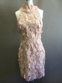 NICHOLAS, Blush Pink, Polyester, Spandex, Floral, 3 Dimensional Flowers Lace-work, Sleeveless, Opaque Strapless Base Layer, High Round Neck, Hem Above Knee