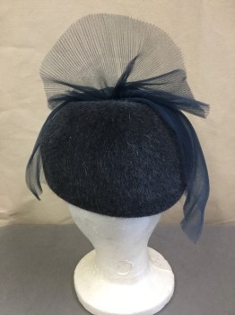 Womens, Hat, PATRICIA UNDERWOOD, Dusty Blue, Wool, Synthetic, Solid, Pill Box, Pleated Tulle Veil