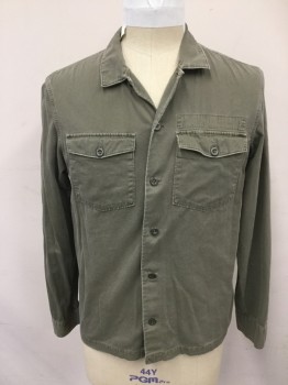 ALL SAINTS, Olive Green, Cotton, Solid, Army Green, Button Front, Collar Attached, Long Sleeves, 2 Flap Pockets, Button Cuffs, Triple,
