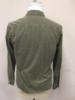ALL SAINTS, Olive Green, Cotton, Solid, Army Green, Button Front, Collar Attached, Long Sleeves, 2 Flap Pockets, Button Cuffs, Triple,