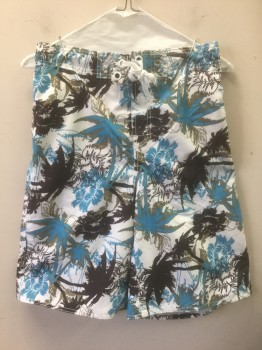 Mens, Swim Trunks, JEAN LEGACY, White, Turquoise Blue, Dk Brown, Olive Green, Nylon, Tropical , S, Palm Tree Silhouette Pattern, White Shoelace Style Lacing/Ties at Center Front, Velcro Closure at Fly, 3 Pockets, 9.5" Inseam