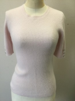 Womens, Pullover, BLOOMINGDALE'S, Lt Pink, Cashmere, Solid, XS, Ribbed Knit, 1/2 Sleeves (Elbow Length), Round Neck, 3 Cream Buttons at Each Sleeve Opening