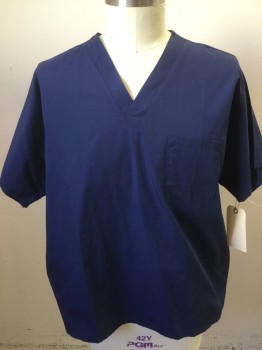 N/L, Navy Blue, Polyester, Cotton, Solid, V-neck, Short Sleeves, 1 Patch Pocket,  Pull Over