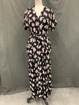 NOSTALGIA, Black, Cream, Lavender Purple, Pink, Olive Green, Rayon, Floral, Short Sleeves, Collar Attached, Button Front, 2 Patch Pockets at Hips, Short Attached Ties at Back Waist, Midi Length, 1990's **Mended/Worn at Front Waist