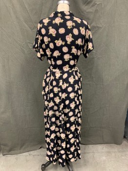 NOSTALGIA, Black, Cream, Lavender Purple, Pink, Olive Green, Rayon, Floral, Short Sleeves, Collar Attached, Button Front, 2 Patch Pockets at Hips, Short Attached Ties at Back Waist, Midi Length, 1990's **Mended/Worn at Front Waist