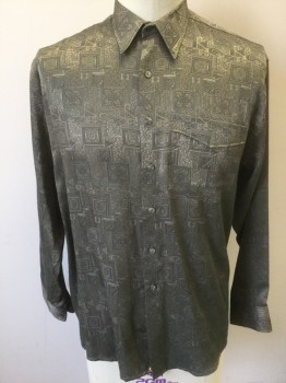 VICTOR EMMANUEL, Taupe, Metallic, Polyester, Viscose, Self Funky Squares/Paisley/Etc Pattern Shiny Fabric, Long Sleeve Button Front, Collar Attached, 1 Patch Pocket,  Clubwear