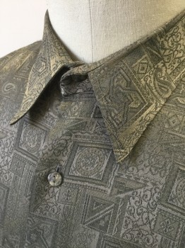 VICTOR EMMANUEL, Taupe, Metallic, Polyester, Viscose, Self Funky Squares/Paisley/Etc Pattern Shiny Fabric, Long Sleeve Button Front, Collar Attached, 1 Patch Pocket,  Clubwear