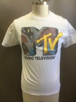 Mens, T-shirt, HANES, White, Multi-color, Cotton, Logo , L, With Graphic Logo of "MTV" on Front, S/S, CN, Multiples,