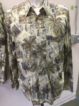 PRONTO UOMO, Khaki Brown, Olive Green, Navy Blue, Black, Gold, Rayon, Novelty Pattern, Doubles, Palm Trees and Photos, Collar Attached, Button Front, Long Sleeves,