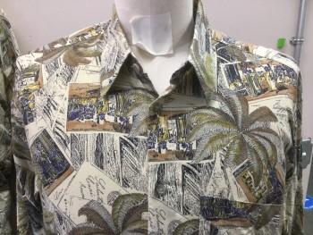 PRONTO UOMO, Khaki Brown, Olive Green, Navy Blue, Black, Gold, Rayon, Novelty Pattern, Doubles, Palm Trees and Photos, Collar Attached, Button Front, Long Sleeves,