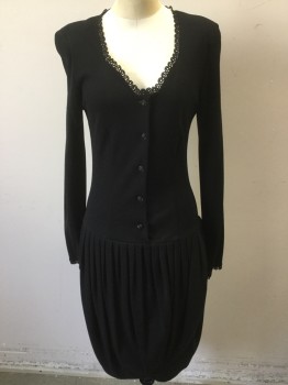 M BURANI, Black, Wool, Solid, L/S, V-neck, Black Lace Trim, Button Front, Drop Waist, Pleated Skirt Cross Over