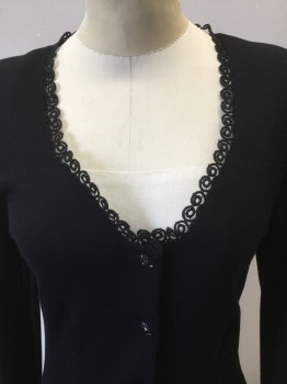 M BURANI, Black, Wool, Solid, L/S, V-neck, Black Lace Trim, Button Front, Drop Waist, Pleated Skirt Cross Over