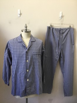 Mens, Sleepwear PJ Top, BROOKS BROTHERS, Blue, White, Navy Blue, Cotton, Plaid, Plaid-  Windowpane, XL, White with Navy and Blue Plaid/Windowpane, Long Sleeve Button Front, Rounded Notched Collar, Navy Piping Trim at Button Placket/Front, Collar, and 1 Patch Pocket at Chest