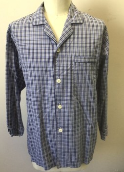 Mens, Sleepwear PJ Top, BROOKS BROTHERS, Blue, White, Navy Blue, Cotton, Plaid, Plaid-  Windowpane, XL, White with Navy and Blue Plaid/Windowpane, Long Sleeve Button Front, Rounded Notched Collar, Navy Piping Trim at Button Placket/Front, Collar, and 1 Patch Pocket at Chest