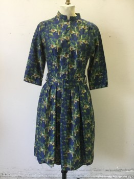 Womens, Dress, Long & 3/4 Sleeve, PALAVA, Navy Blue, Green, Brown, Cotton, Novelty Pattern, Floral, 6, Lounging Leopard Print, 60's Vintage Inspired, Button Front, Band Collar, Pleated Skirt, Self Belt, Belt Loops, 3/4 Sleeves with Split Cuff, Gathered at Yoke, 2 Pockets  ** Barcode Behind Pocket**