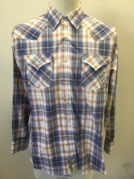 Mens, Western, ELY CATTLEMAN, Multi-color, Dk Blue, White, Rust Orange, Poly/Cotton, Plaid, XL, Long Sleeves, Snap Front, Collar Attached, 2 Flap Pockets with Snap Closures, Western Style Yoke and Pocket Flaps, Light Gray and Silver Snaps