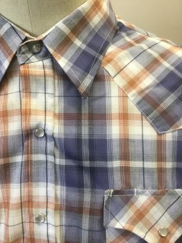Mens, Western, ELY CATTLEMAN, Multi-color, Dk Blue, White, Rust Orange, Poly/Cotton, Plaid, XL, Long Sleeves, Snap Front, Collar Attached, 2 Flap Pockets with Snap Closures, Western Style Yoke and Pocket Flaps, Light Gray and Silver Snaps