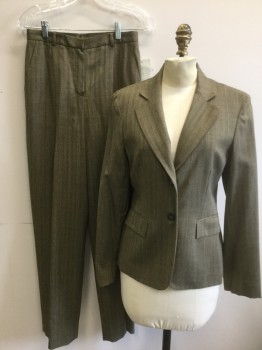 Womens, Suit, Jacket, JONES NEW YORK, Tan Brown, Olive Green, Lt Pink, Wool, Viscose, Herringbone, Stripes - Pin, 4, Olive and Tan Herringbone with Light Pink and White Pinstripes, Single Breasted, Notched Lapel, 2 Buttons, 2 Pockets, Small Shoulder Pads, Fitted, Solid Olive Lining