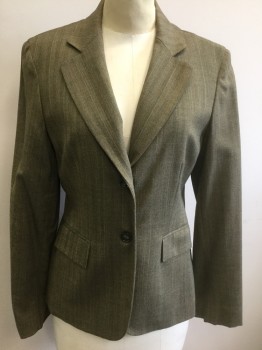 JONES NEW YORK, Tan Brown, Olive Green, Lt Pink, Wool, Viscose, Herringbone, Stripes - Pin, Olive and Tan Herringbone with Light Pink and White Pinstripes, Single Breasted, Notched Lapel, 2 Buttons, 2 Pockets, Small Shoulder Pads, Fitted, Solid Olive Lining