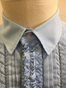 Mens, Formal Shirt, UGO VALLINI, Baby Blue, Poly/Cotton, Solid, Slv:35, N:16.5, Long Sleeve Button Front, Collar Attached, Pleated and Ruffled Front, French Cuffs