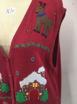 BOBBIE BROOKS, Red, Green, Brown, White, Ramie, Cotton, Holiday, Xmas Theme, V-neck, 6 Buttons, Beaded, Embroidered Holly, Felt Deer/Gingerbread Men/Houses