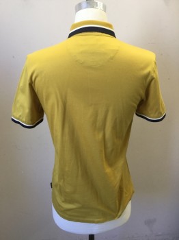 TED BAKER, Turmeric Yellow, Cotton, Solid, Jersey Knit, Short Sleeves, 3 Snap, Navy/White/Turmeric Stripe Ribbed Knit Collar Attached/Cuff