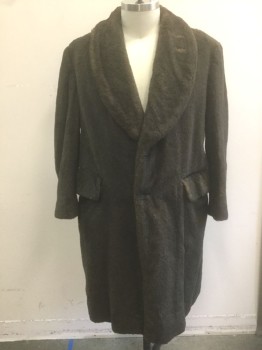 Mens, Coat, N/L MTO, Brown, Faux Fur, Solid, 44, Faux Beaver/Raccoon (?) Fur, Single Breasted, Shawl Lapel, 2 Buttons, 2 Pockets, Lining is Brown with Tan Tattersall Pattern Cotton, Self Belt Attached at Back Waist, Made To Order Reproduction, Has Triples