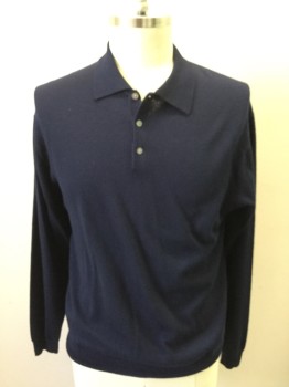 Mens, Pullover Sweater, PRONTO UOMO, Navy Blue, Wool, Solid, L, Polo Sweater, Ribbed Knit Collar Attached, 3 Buttons,  Long Sleeves, Ribbed Knit Cuff/Waistband