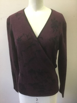 JONES NEW YORK DRESS, Plum Purple, Black, Wool, Floral, Lightweight Knit, Long Sleeves, Wrapped Plunging V-neck with Self Tie Closures at Waist, Black Thin Edging at Front Neck and Waist Ties, Fitted,